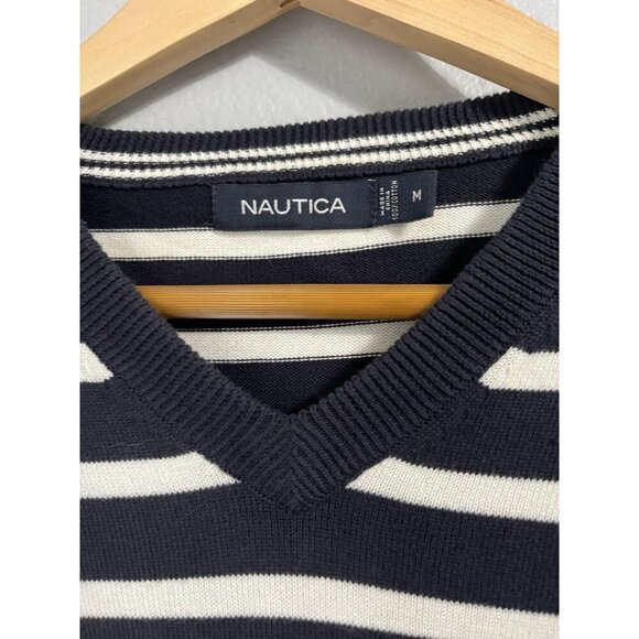 Nautica V Neck Lightweight Knit Sweater Men Size Medium Navy White Striped Logo - Picture 4 of 5